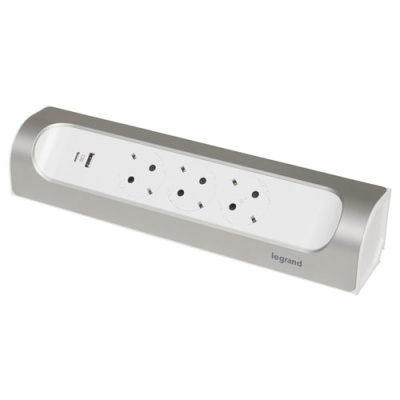 Удлинитель угловой с заземлением 3 розетки без кабеля, с 2xUSB A+C (3А) зарядками  Legrand Белый/Алюминий Legrand  694504