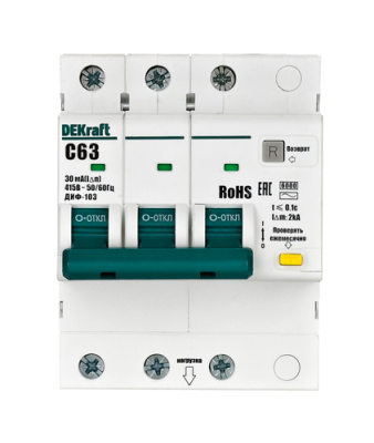 DEKraft ДИФ-103 Дифавтомат 3P 63А 30мА AC (C) 6кА DEKraft ДИФ-103 16380DEK