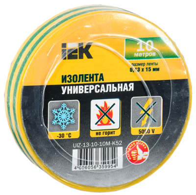 Изолента 0,13х15 мм желто-зеленая 10 метров IEK IEK  UIZ-13-10-10M-K52