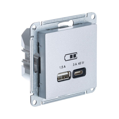 Розетка USB A + тип-C 45W высокоскор.заряд. QCPD механизм Schneider Electric AtlasDesign Алюминий Systeme Electric AtlasDesign ATN000329