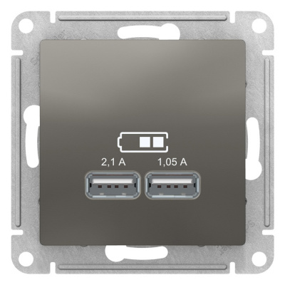 Розетка USB 5В 1 порт x 2,1A 2 порта х 1,05A механизм Schneider Electric AtlasDesign Сталь Systeme Electric AtlasDesign ATN000933