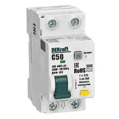 DEKraft ДИФ-103 Дифавтомат 1P+N 50А 100мА A C 6кА DEKraft ДИФ-103 16361DEK