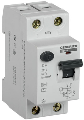 УЗО 2Р 25А 30мА  IEK GENERICA ВД1-63 IEK ВД1-63 GENERICA MDV15-2-025-030