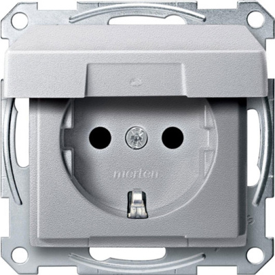 Розетка 1-ая с заземлением с защитными шторками с крышкой безвинт.зажим Merten System M Алюминий Merten System M MTN2310-0460