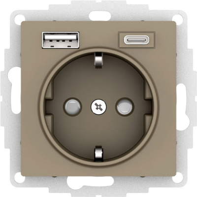 Розетка 16А c 2 USB A+C 5В/2,4А/3,0А 2х5В/1,5А механизм Schneider Electric AtlasDesign Шампань Systeme Electric AtlasDesign ATN000532