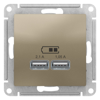 Розетка USB 5В 1 порт x 2,1A 2 порта х 1,05A механизм Schneider Electric AtlasDesign Шампань Systeme Electric AtlasDesign ATN000533