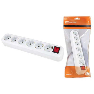 Колодка розеточная с выключателем 6 гнезд с заземлением 16A 250V IP20 белая TDM TDM ELECTRIC  SQ1806-0040