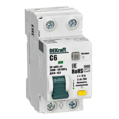 DEKraft ДИФ-103 Дифавтомат 1P+N 6А 30мА A C 6кА DEKraft ДИФ-103 16345DEK