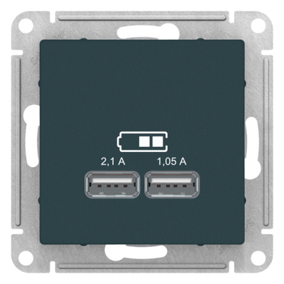 Розетка USB 5В 1 порт x 2,1A 2 порта х 1,05A механизм Schneider Electric AtlasDesign Изумруд Systeme Electric AtlasDesign ATN000833