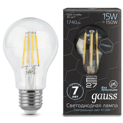 Лампа светодиодная филаментная A60 E27 150-265В 15Вт 4100К Gauss Gauss Filament Graphene 102802215