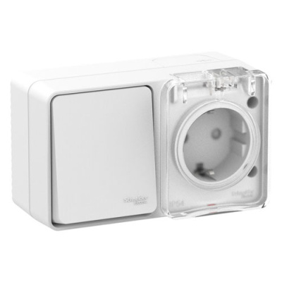 Блок: Розетка с/з со шторками + выключатель 1-клавишный 10А IP54 Schneider Electric AtlasDesign Profi54 Белый Systeme Electric AtlasDesign Profi54 ATN540170
