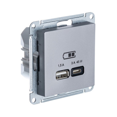 Розетка USB A + тип-C 45W высокоскор.заряд. QC PD механизм Schneider Electric AtlasDesign Сталь Systeme Electric AtlasDesign ATN000929