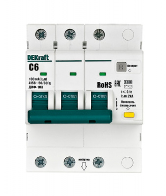 DEKraft ДИФ-103 Дифавтомат 3P 6А 100мА AC (C) 6кА DEKraft ДИФ-103 16381DEK